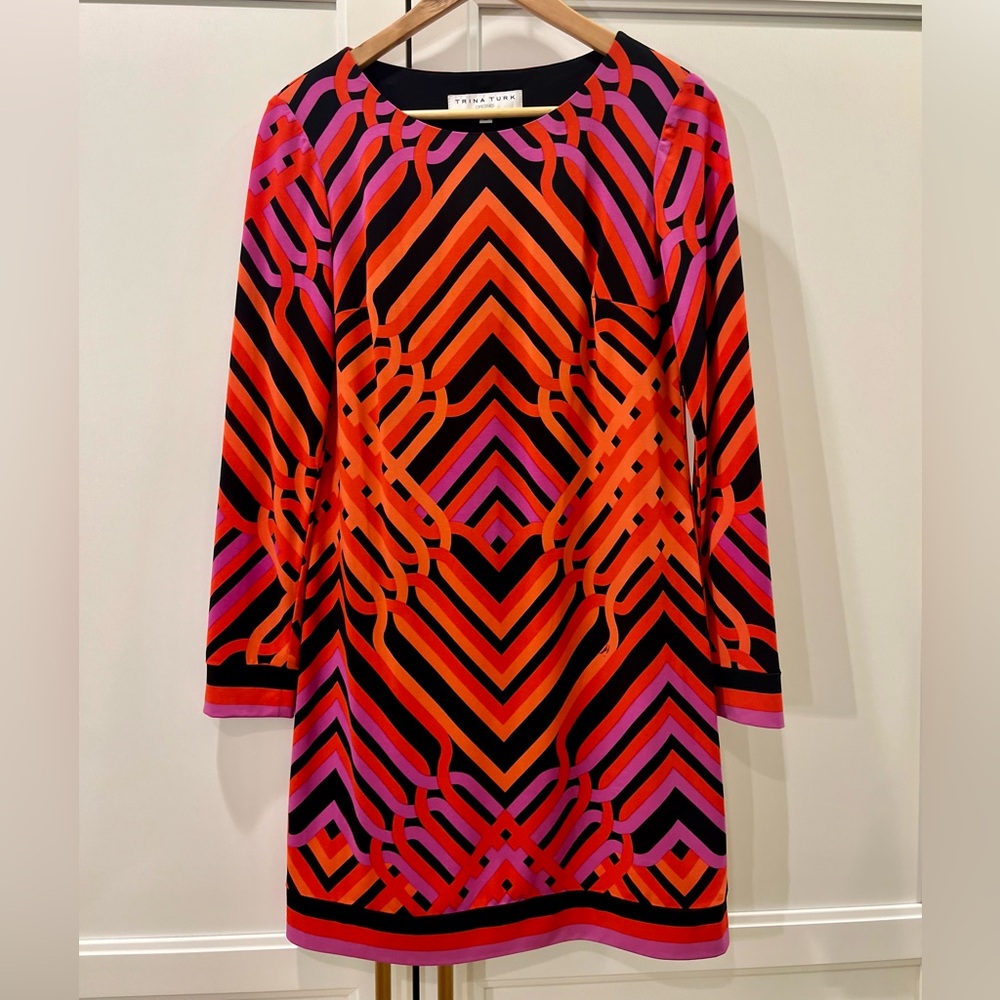 Trina Turk dress -Art-Deco inspired pattern in black, orange, red & purple